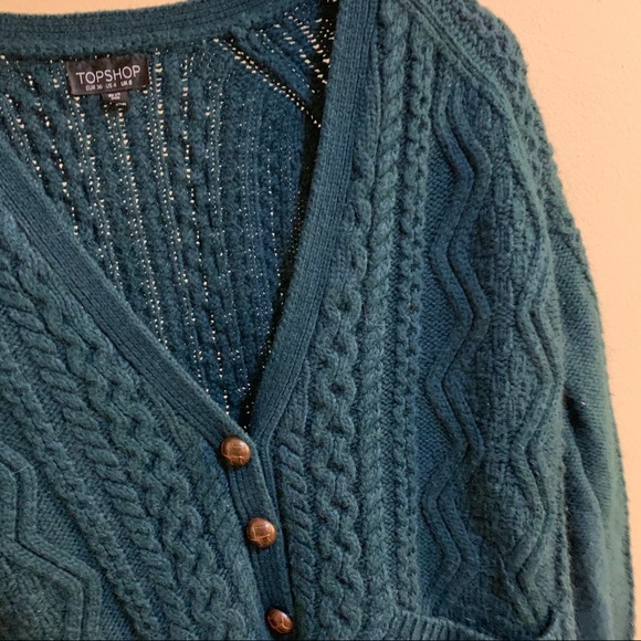 Topshop Green Cable Knit Button Up Cardigan V-Neck Sweater - Picture 9 of 9